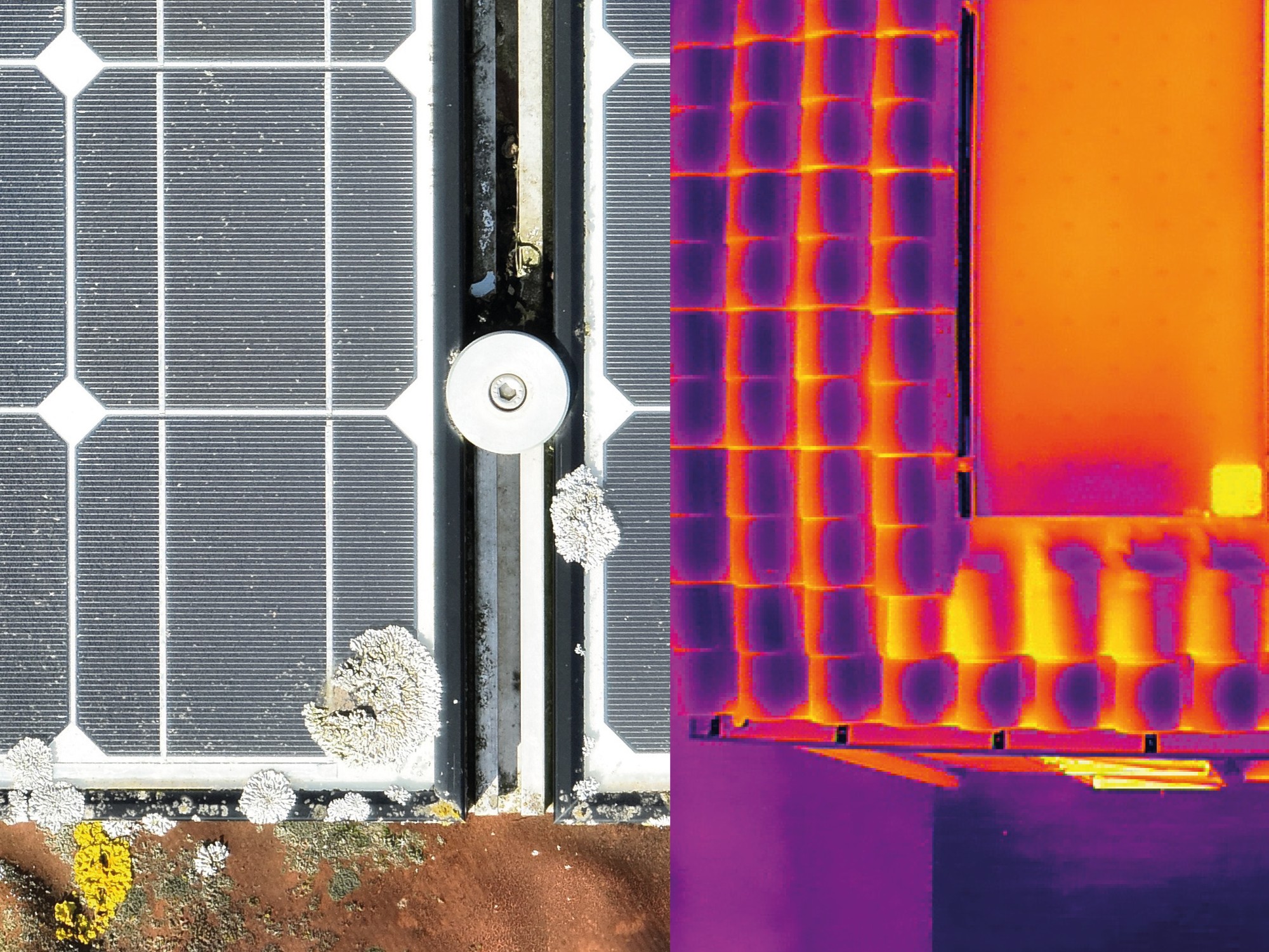 Anomalie point chaud thermique sur un panneau solaire, avec une thermographie par drone